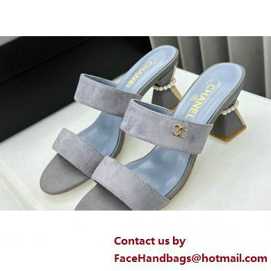 Chanel Kid Suede  &  Imitation Pearls Mules G45685 Gray 2024